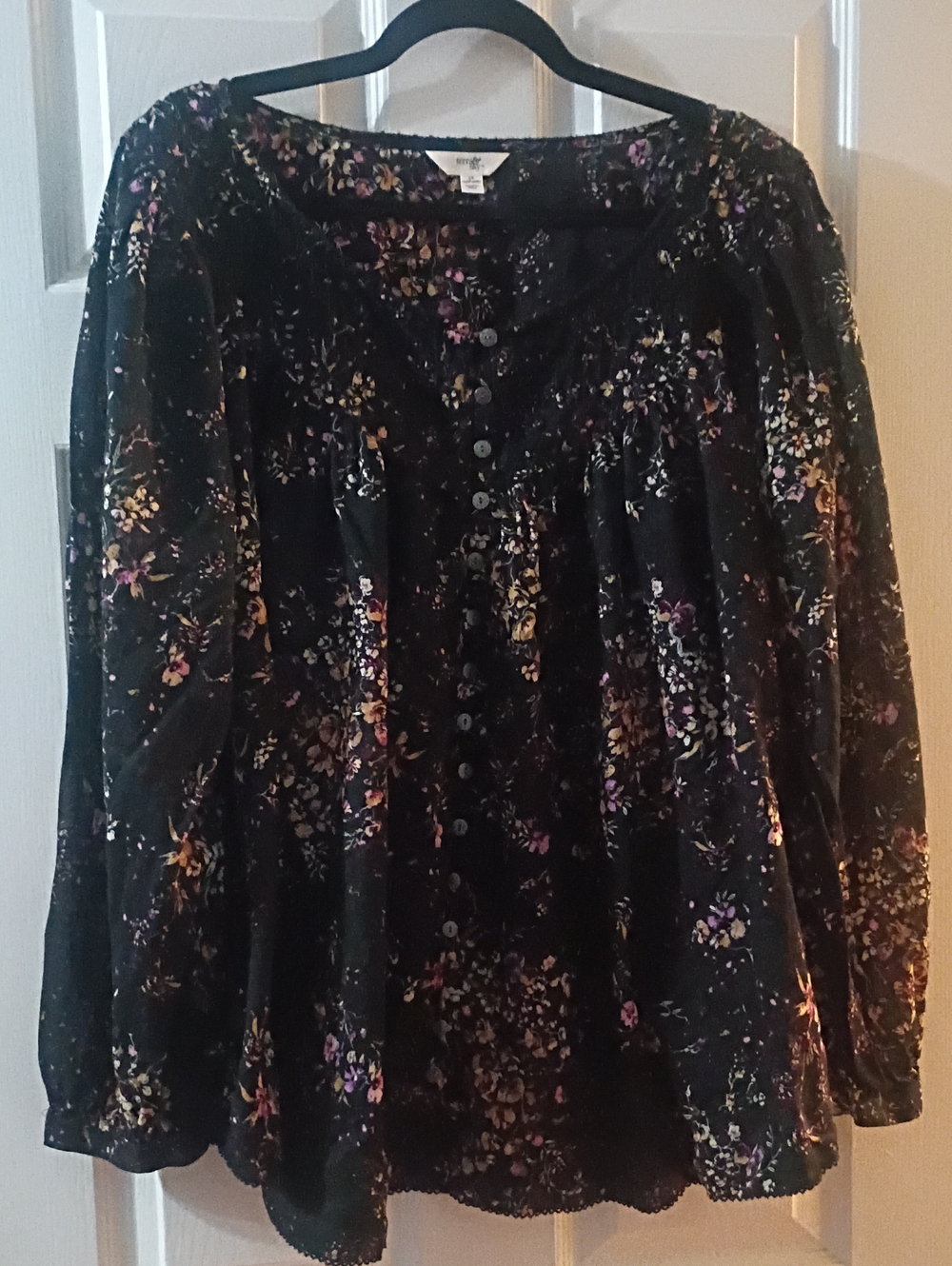 Terra & Sky Black Floral Button-Front Blouse Sheer look